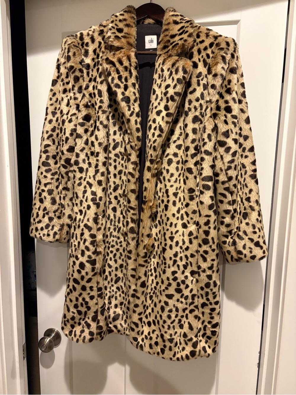 CAbi Leopard-Print Faux Fur Pea Coat in Tan and Black